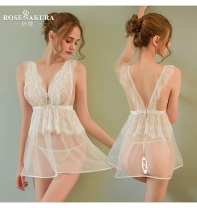 FEE ET MOI Sexy Backless Lace Seethrough Body Sleepwear (White)